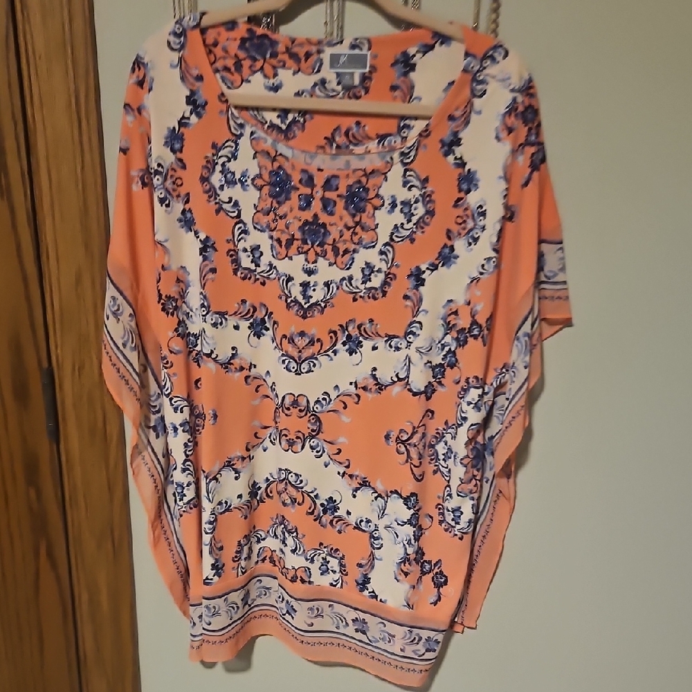 JM Collection Peach and Blue Floral Tunic